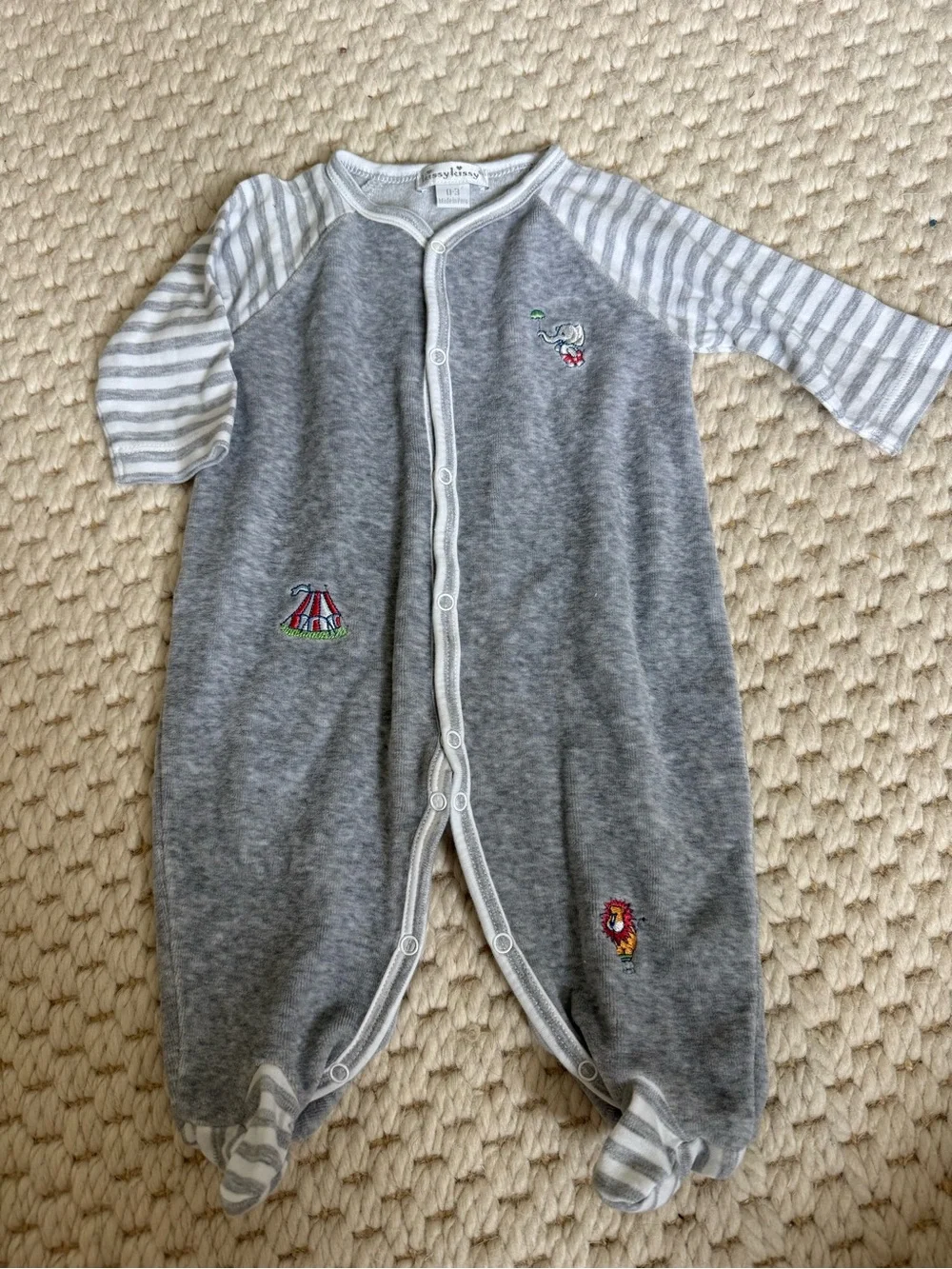 Kissy Kissy Gray & White Striped Sleeve Footie with Animal Embroidery